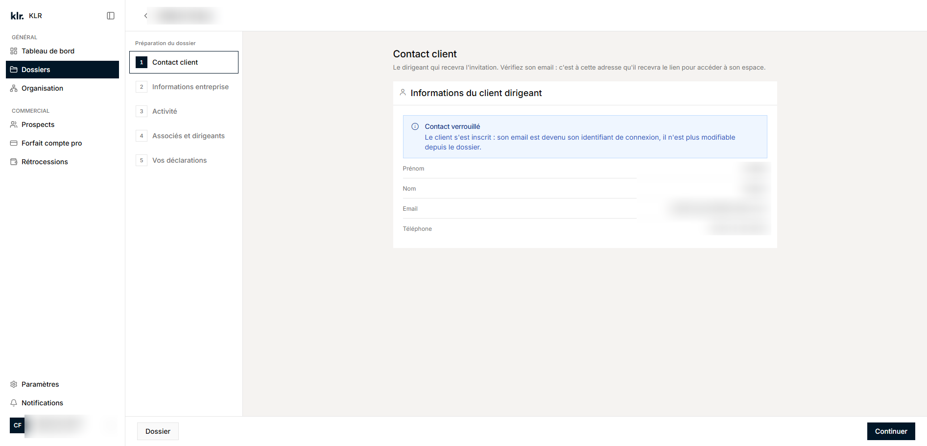Invitation et préparation du dossier client, espace cabinet. Données de démonstration, noms floutés.