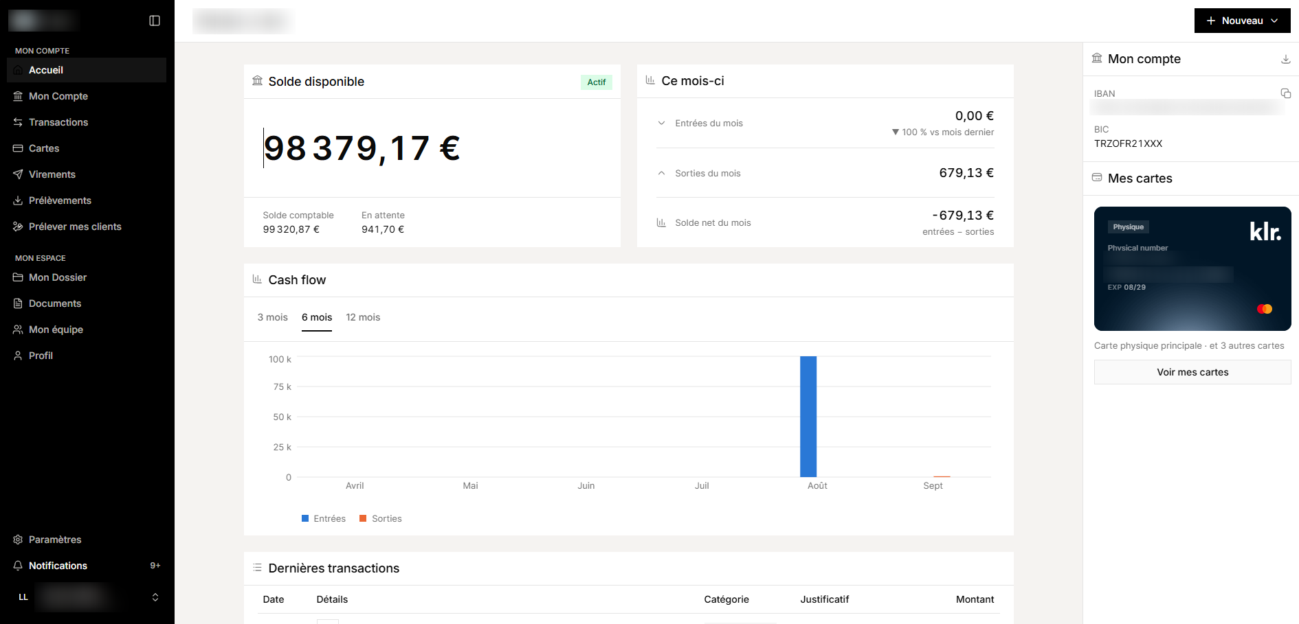 Espace client en marque blanche : solde disponible, entrées et sorties du mois, flux de trésorerie, références de compte et carte. Données de démonstration, IBAN et noms floutés.
